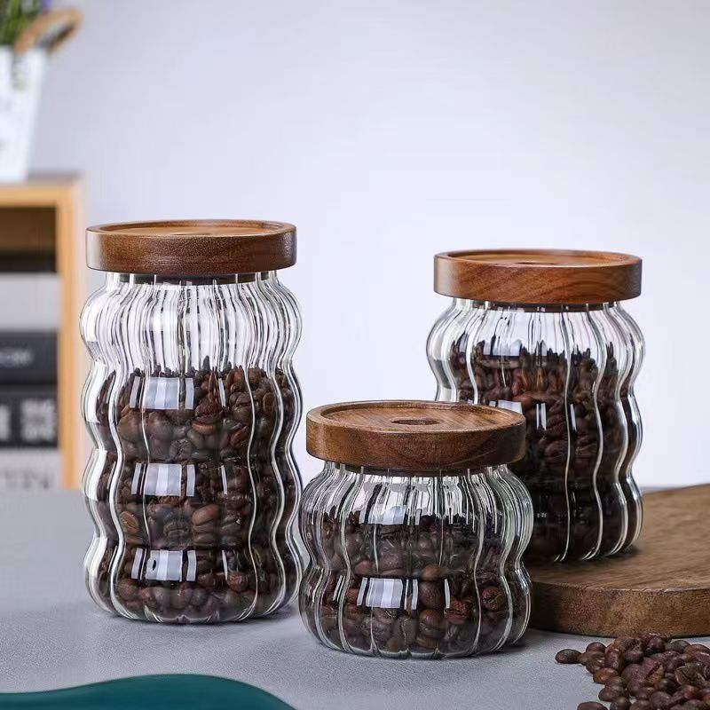 Acacia wood vertical striped glass storage jars, kitchen multi-style glass retro storage, candy sealed jars, tea jars Specification drawing