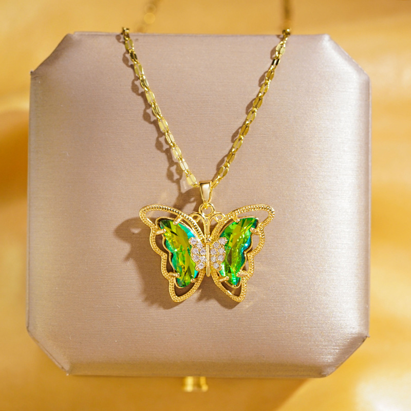 A large butterfly necklace with real gold electroplating and dazzling green color change, a unique and luxurious collarbone chain for women, a cross-border best-selling accessory details Picture