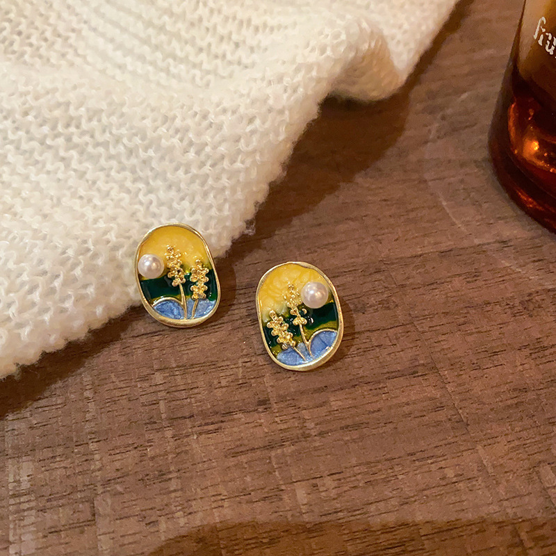 Mid-style Monet garden pearl earrings for women, retro round oil painting stud earrings, 2025 new style, light luxury and elegant earrings Specification drawing