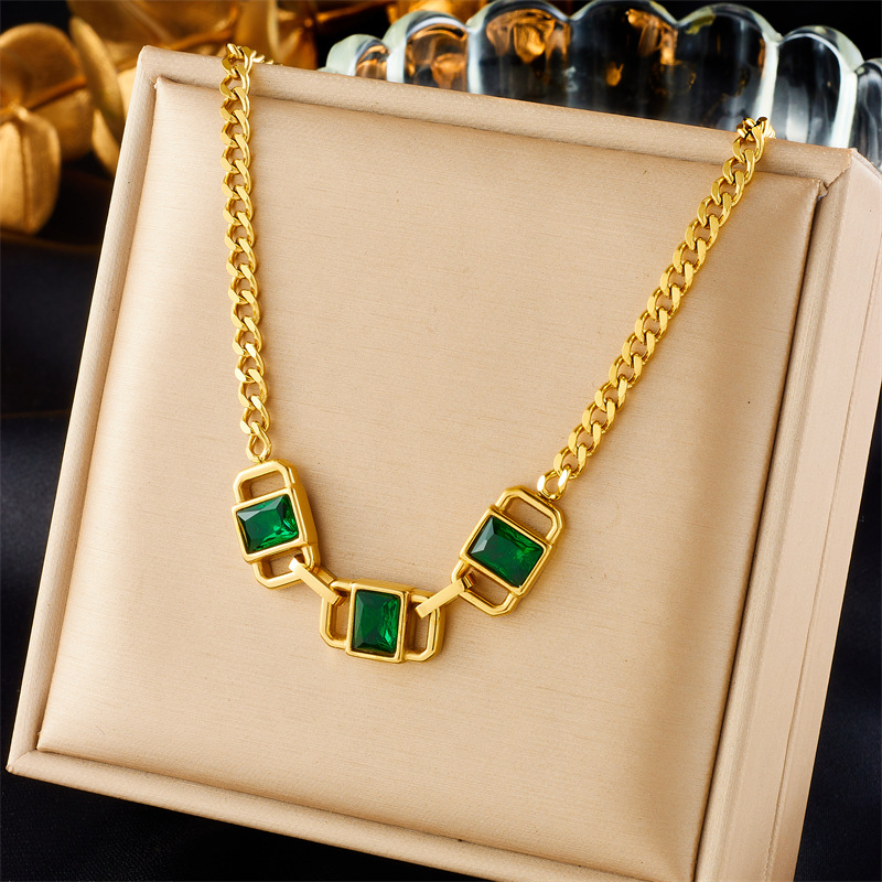 A European and American fashionable, retro and simple square necklace with emerald rhinestones and titanium steel chain connection full figure