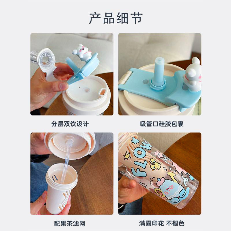 Cartoon high appearance level double-drinking straw cup, tea brewing with filter, girls' water cup, office gift, cute plastic cup for students Application Scenario