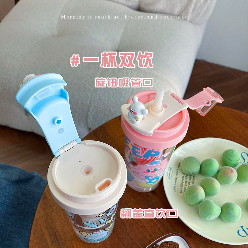 Cartoon high appearance level double-drinking straw cup, tea brewing with filter, girls' water cup, office gift, cute plastic cup for students details Picture