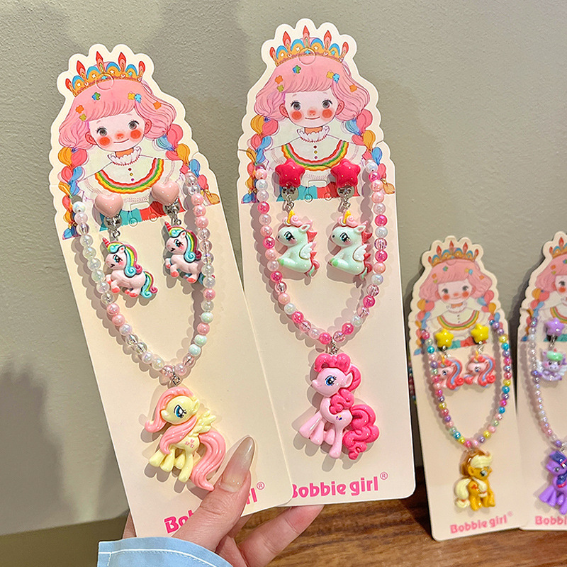 Cute cartoon colorful pony beaded necklace for children, princess pendant for girls, ear clips, birthday gift jewelry for babies details Picture