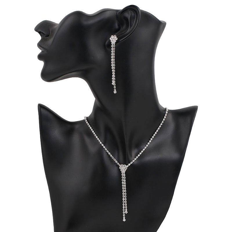 Cross-border accessories: Simple floral, diamond-encrusted tassel necklace, earrings set, versatile wedding accessories for brides, N6060 Item Picture