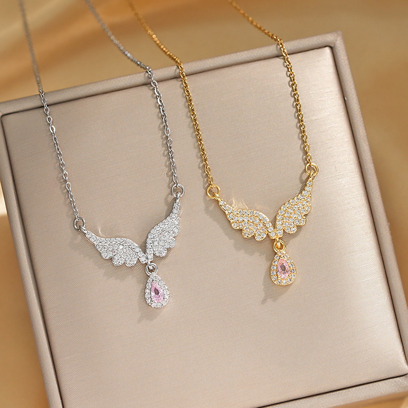 Fashionable Angel Wings Titanium steel necklace for women, set with pink teardrop zircon pendant, elegant and light luxury collarbone chain accessory full figure
