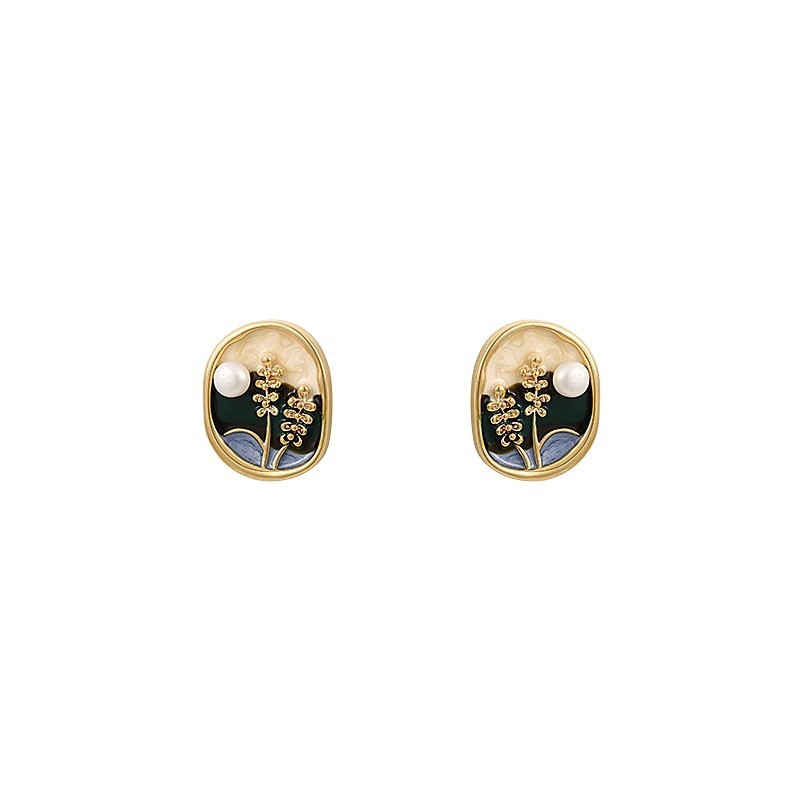 French Monet Garden geometric earrings for women, light luxury, niche and high-end feel, oil painting pearl stud earrings, flower earrings Item Picture