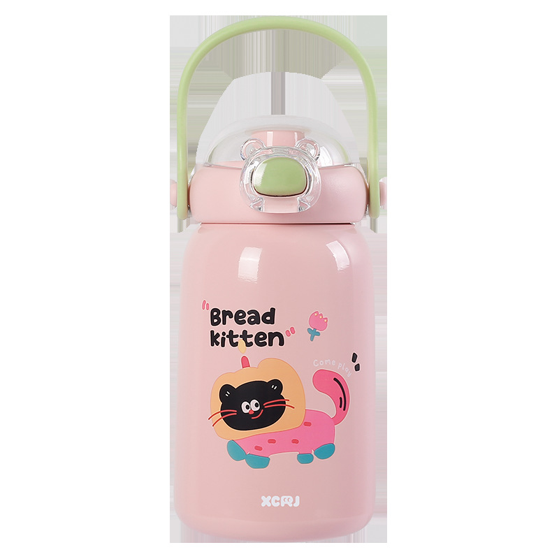 Cute new children's insulated cup, high appearance level, student portable hand-held water cup, stainless steel double-drinking water straw cup Item Picture
