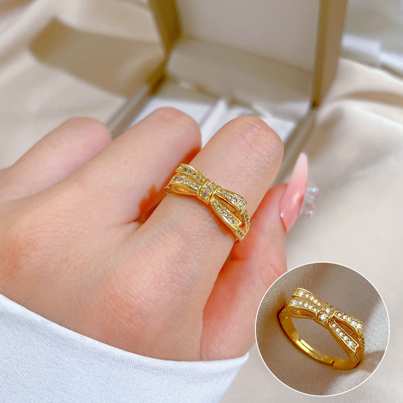 【 Real gold electroplating 】 Open ring, women's fashion bow, light luxury ring, index finger ring, the same style as Internet celebrities, cold style full figure