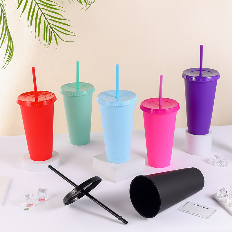 【 Processing and Customization 】 Plastic straw cups with high appearance level, frosted casual cups, catering and tea bar supply, wholesale of drinking cups details Picture