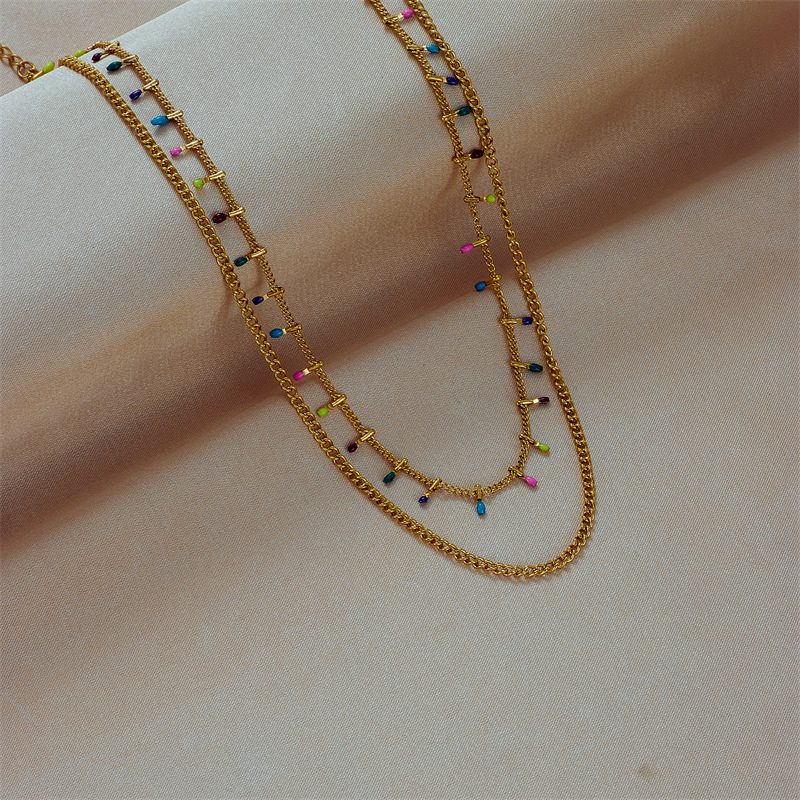 A new, niche design from Europe and America with colorful enamel craftsmanship collarbone chain, fashionable, retro and versatile double-layer titanium steel necklace details Picture