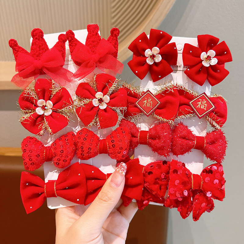 Children's red New Year hair accessories, girls' New Year hair clips, baby ancient-style bow hair clips, Chinese-style Hanfu headwear full figure