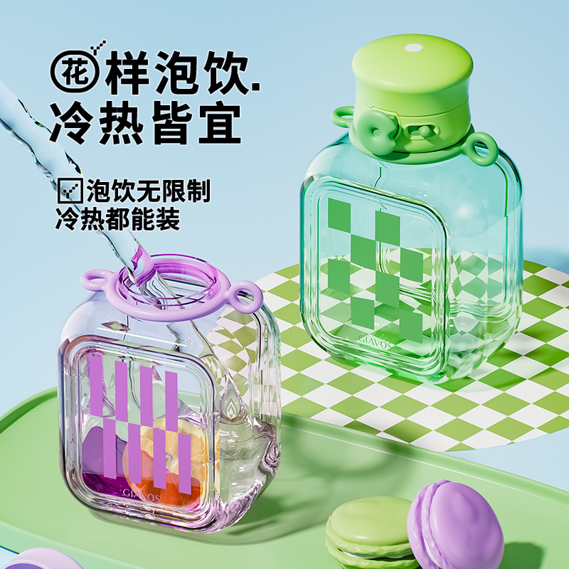 Cross-border e-commerce influencers, with high appearance standards, creative portable crossbody straps, straws, water cups, plastic flat kettles, sports water bottles details Picture