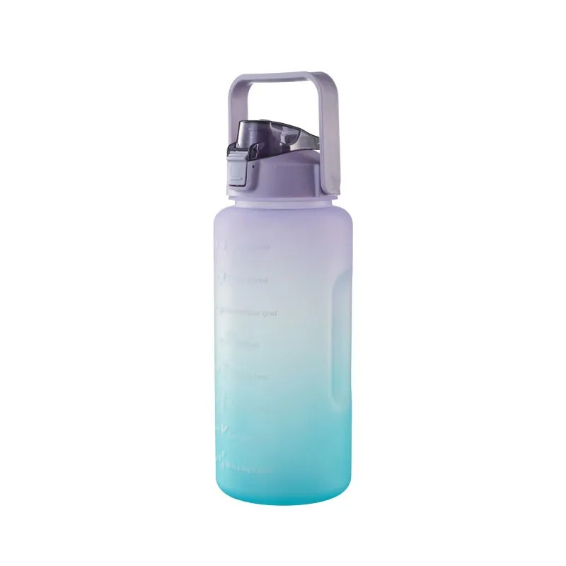 Large-capacity water bottle with straw, gradient frosted outdoor plastic cup, portable anti-drop water cup with scale for fitness and sports Item Picture