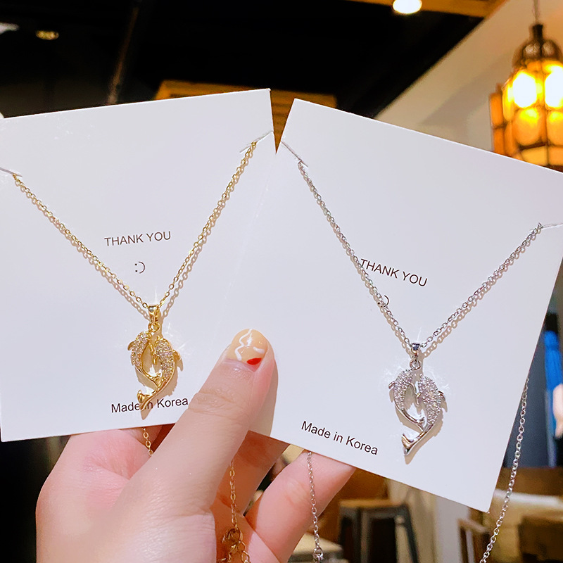 Titanium steel Double Fish necklace, "The rest of My Life with You" full zirconium Douyin style collarbone chain, light luxury, niche, simple and versatile necklace full figure