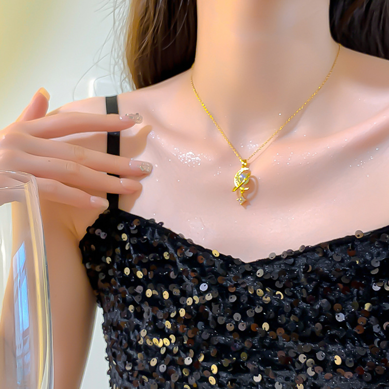 Mermaid Princess Pearl Moon Planet Pendant Titanium steel necklace with a unique design sense for women, new collarbone chain high-end accessory details Picture
