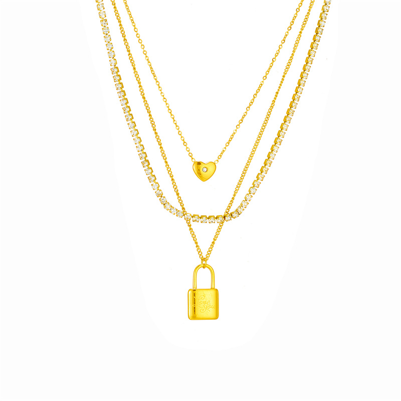 European and American fashion cross-border retro high-end metal multi-layer layered stainless steel diamond-encrusted chain heart pendant necklace Item Picture