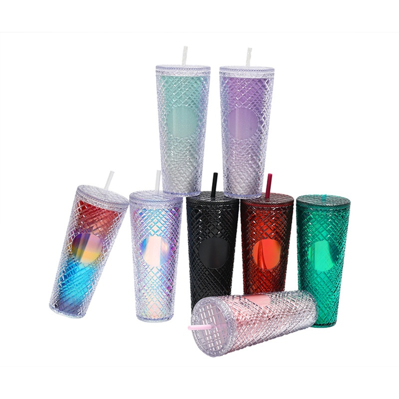 New cross-border Amazon portable double-layer plastic cup from the manufacturer, universal portable irregular gemstone straw cup full figure