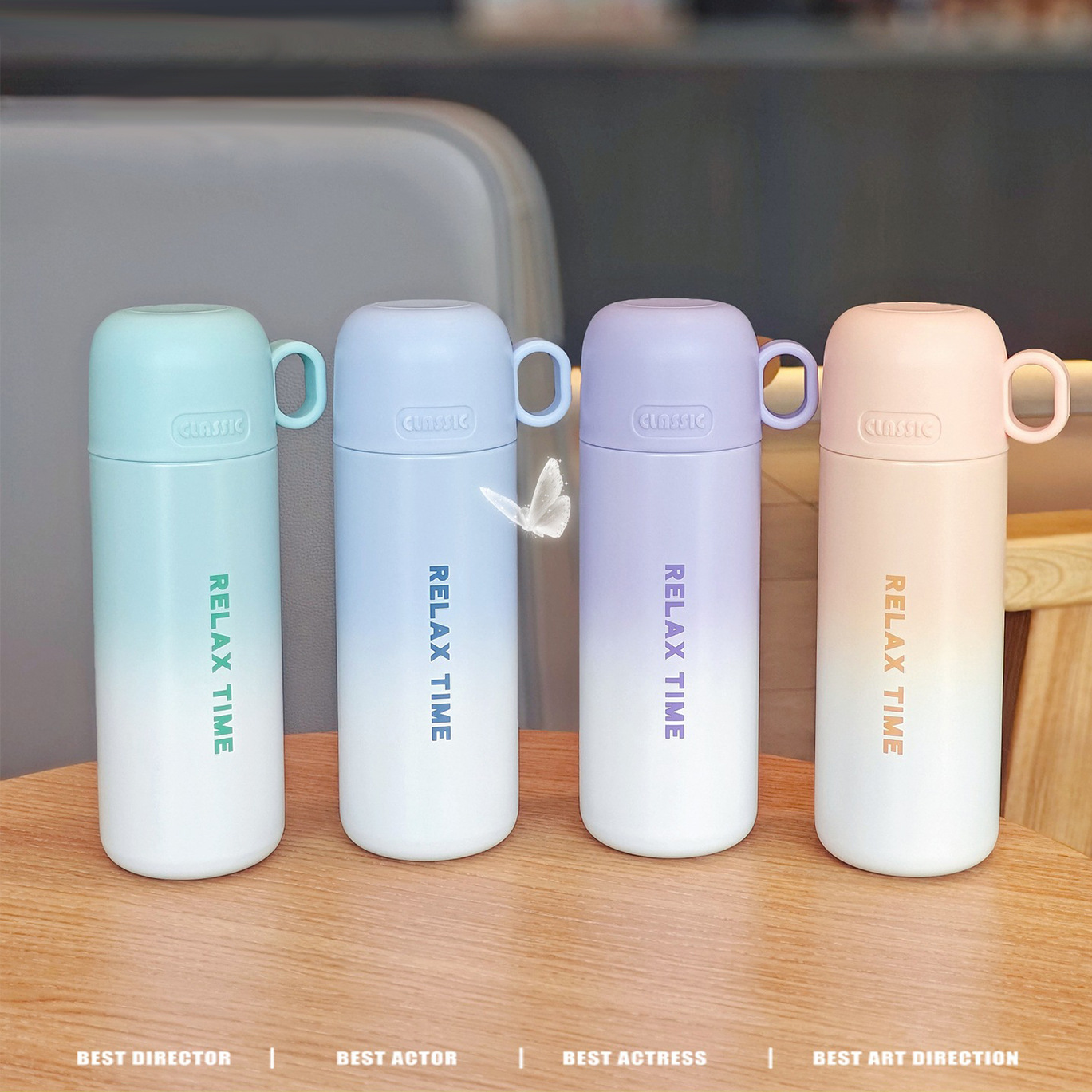 New minimalist water cup with gradient color, dual-purpose insulated cup with lid, portable student, high appearance level, couple stainless steel cup full figure