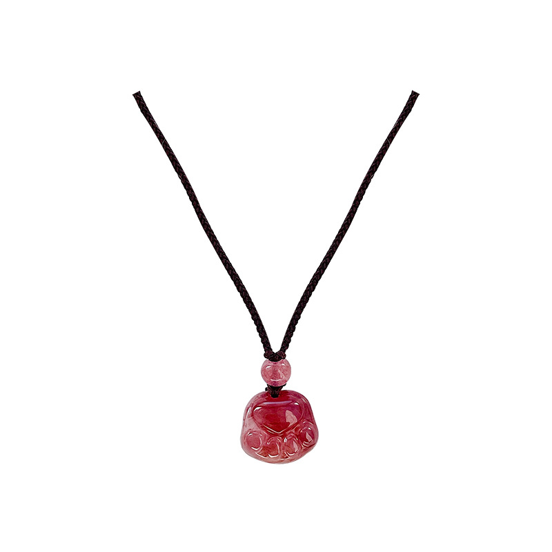 Pink strawberry crystal woven rope cat paw pendant necklace for women, a new 2024 bestseller with a high-end collarbone chain accessory Item Picture
