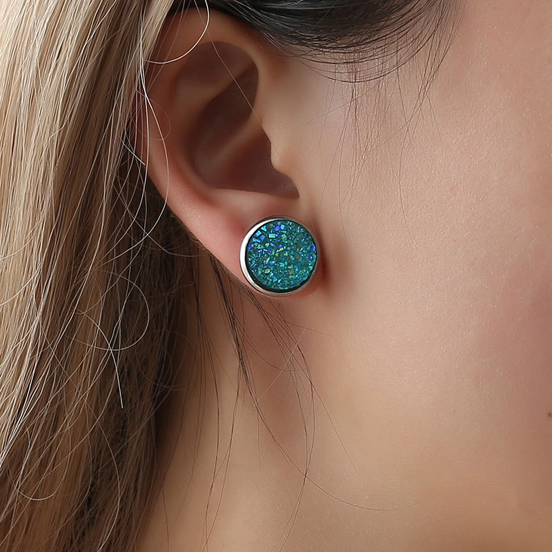 Harajuku style simple geometric round frosted dreamy starry sky time gemstone full sky stars stainless steel ear studs 12MM details Picture