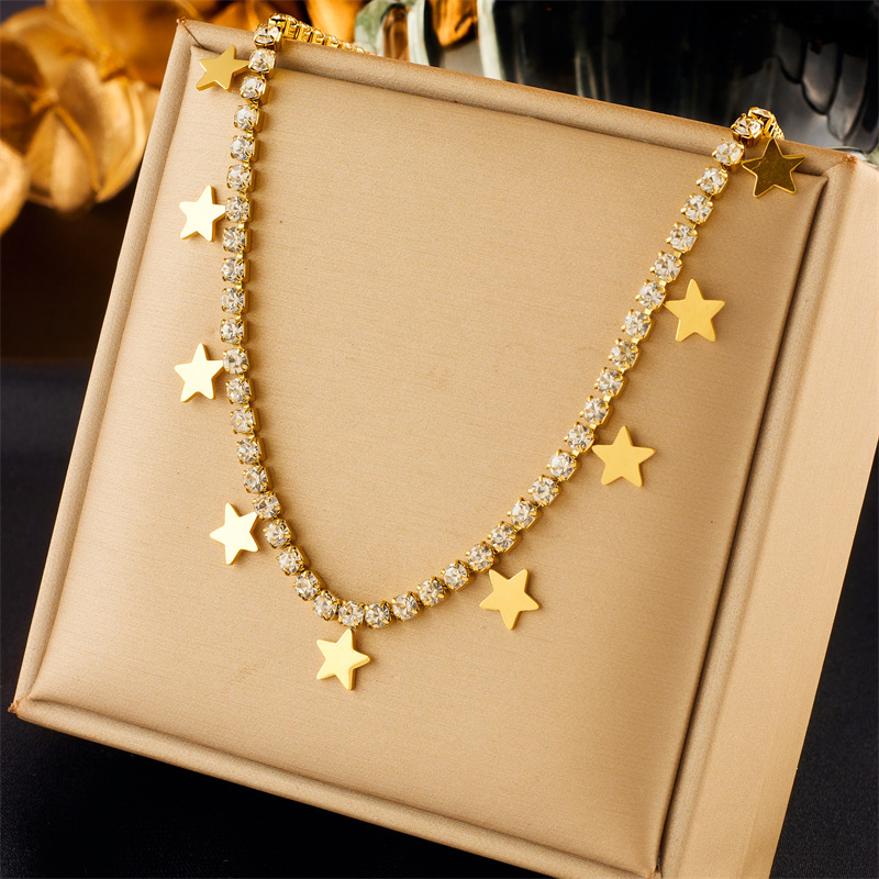 European and American fashion cross-border simple square diamond-encrusted smooth five-pointed star pendant chain jewelry titanium steel metal necklace full figure
