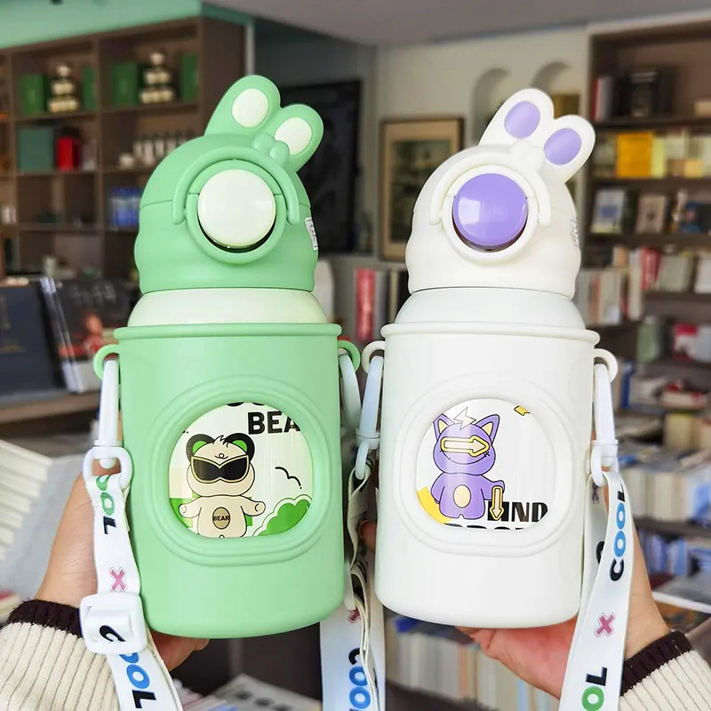 Cute rabbit insulated cup, children's cute girls' straw cup, crossbody high appearance level cartoon baby stainless steel cup Specification drawing