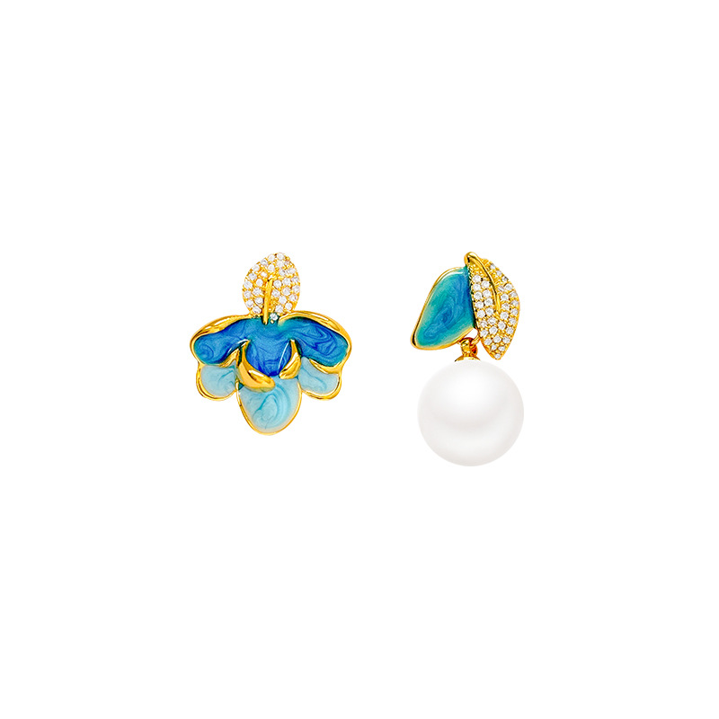 Asymmetrical blue glazed stud earrings for women, retro, niche and high-end style, diamond-encrusted leaf pearl earrings, elegant earrings Item Picture
