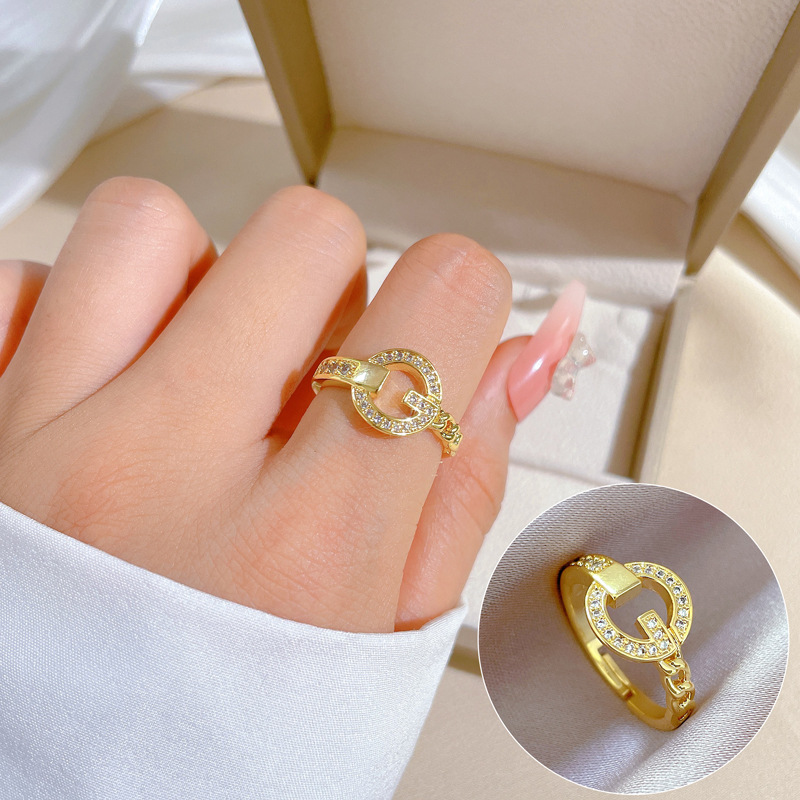 【 Real Gold 】 Chain G-shaped full diamond ring with adjustable opening, simple Japanese-style bracelet, couple rings full figure