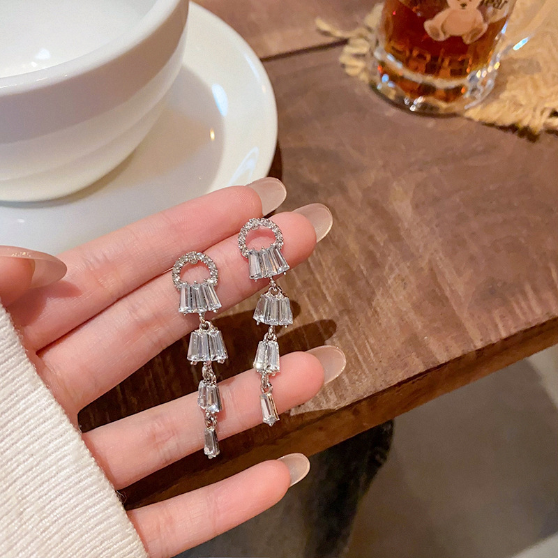 This is a new Korean-style exquisite stud earring for women in 2025, featuring a dazzling array of diamonds and a long tassel full figure