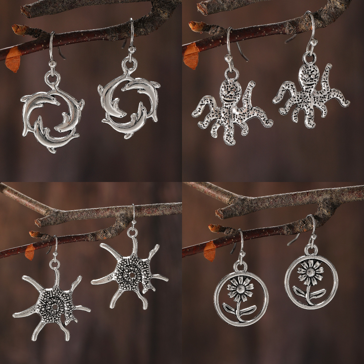 European and American cross-border retro turtle earrings, women's accessories, ethnic style ocean dolphin, octopus, starfish, flower earrings and earrings Application Scenario