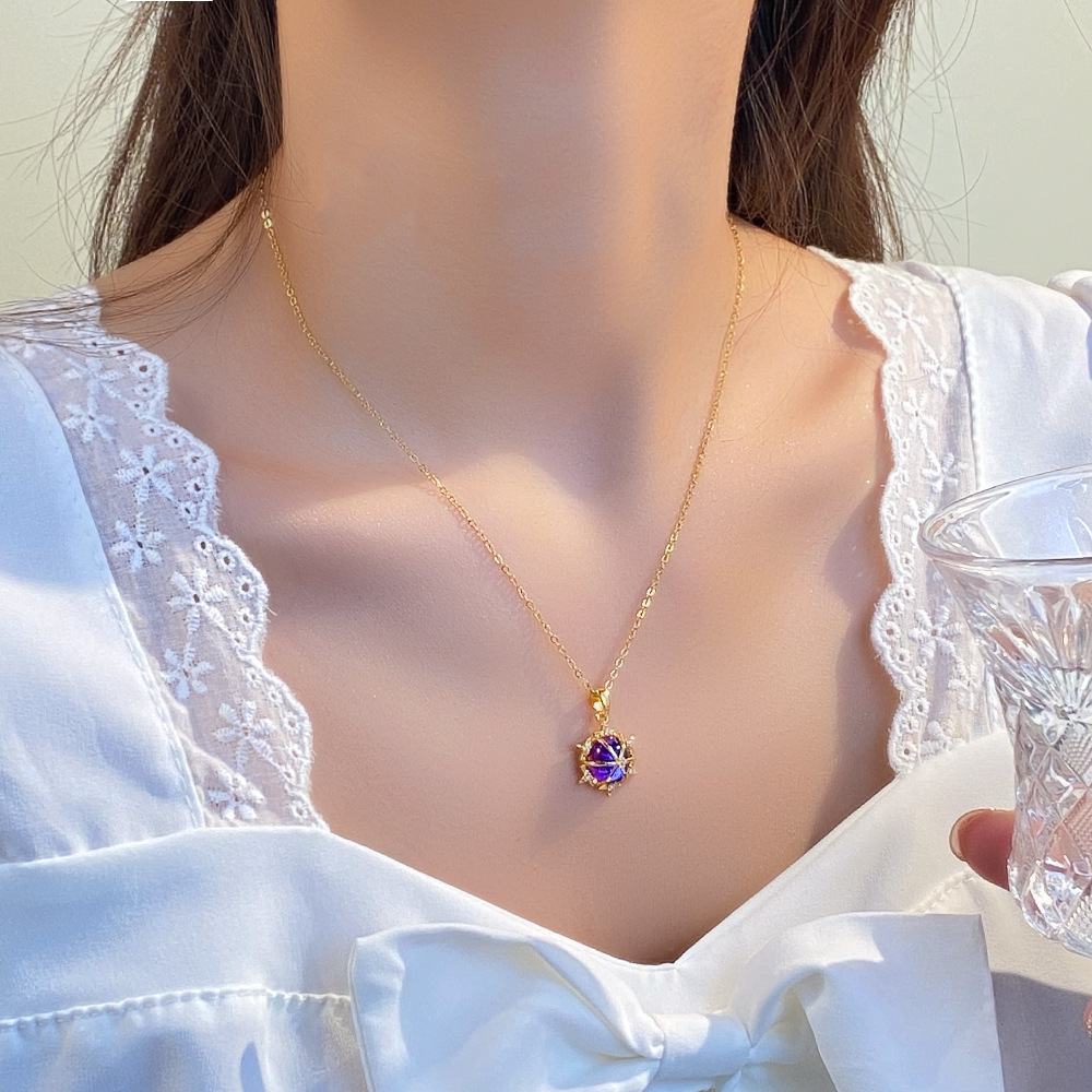 Blue gemstone rudder pendant titanium steel necklace with a niche design sense from Japan and South Korea, a trendy and individualistic female Instagram collarbone chain details Picture