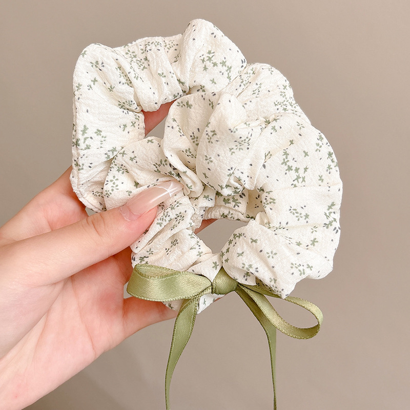 New spring and summer red bean paste green fresh floral large intestine hair band, pure cotton bow webbing teenage hair rope headwear for girls full figure