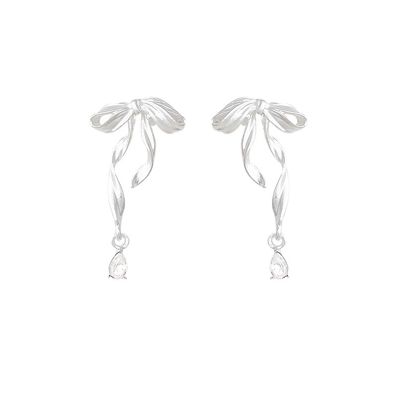 925 silver needle bow ribbon stud earrings for women, sweet and elegant, cold style earrings, elegant and high-end, internet-famous earrings Item Picture