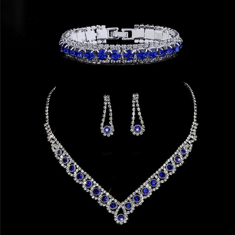Cross-border jewelry wholesale: Blue zircon wedding three-piece set, necklace, earrings, bracelet, bride jewelry ZN010 full figure