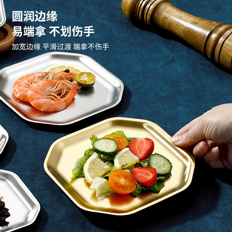Stainless steel 304 octagonal plate, creative Korean kimchi sauce plate, snack plate, golden brushed square dessert plate details Picture