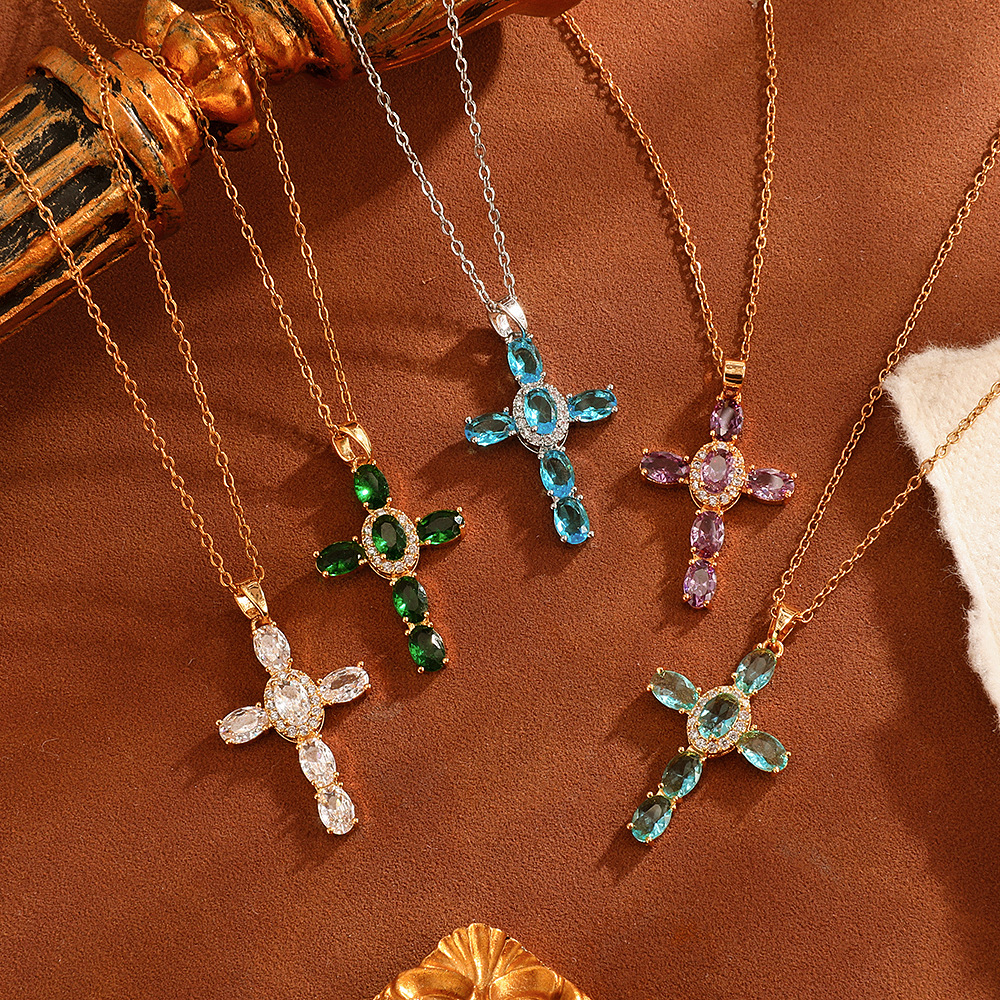 Cross-border retro cross-shaped zircon necklace for women, super shiny, fashionable and versatile, colorful, light luxury, individual and niche collarbone chain full figure