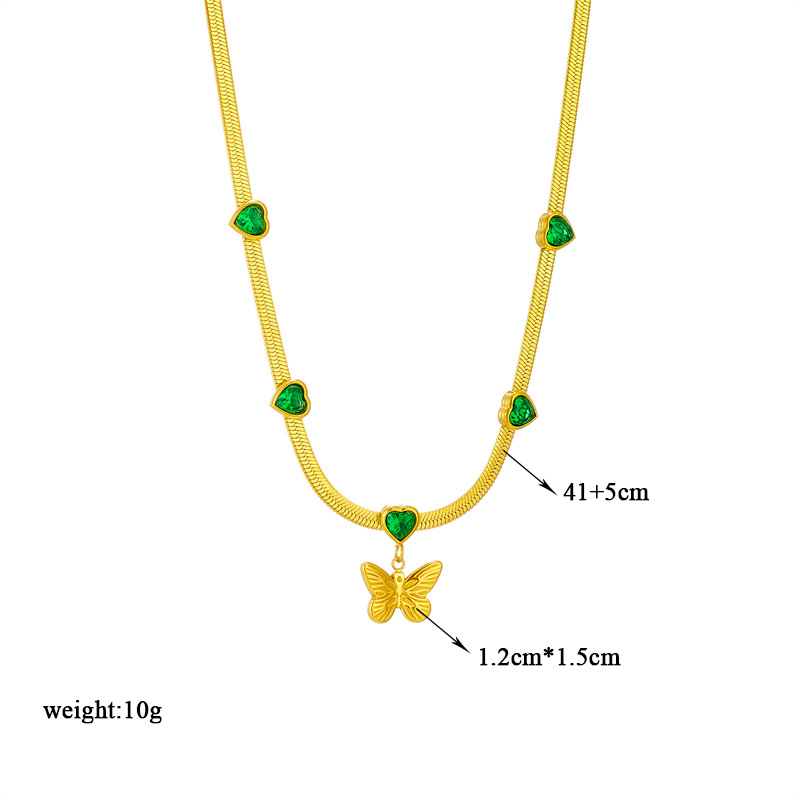 European and American fashionable, simple, transparent green heart-shaped, diamond-encrusted butterfly pendant, blade chain, titanium steel jewelry, retro necklace Item Picture