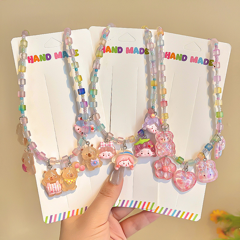 Cartoon cute children's necklace set, sweet pearl ear clips, beaded pendants, baby girl accessories details Picture