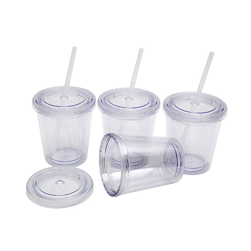 Factory stock, cross-border direct supply 12OZ double-layer plastic cups with LIDS, LOGO available upon request, portable cups, 350ml straw cups Item Picture