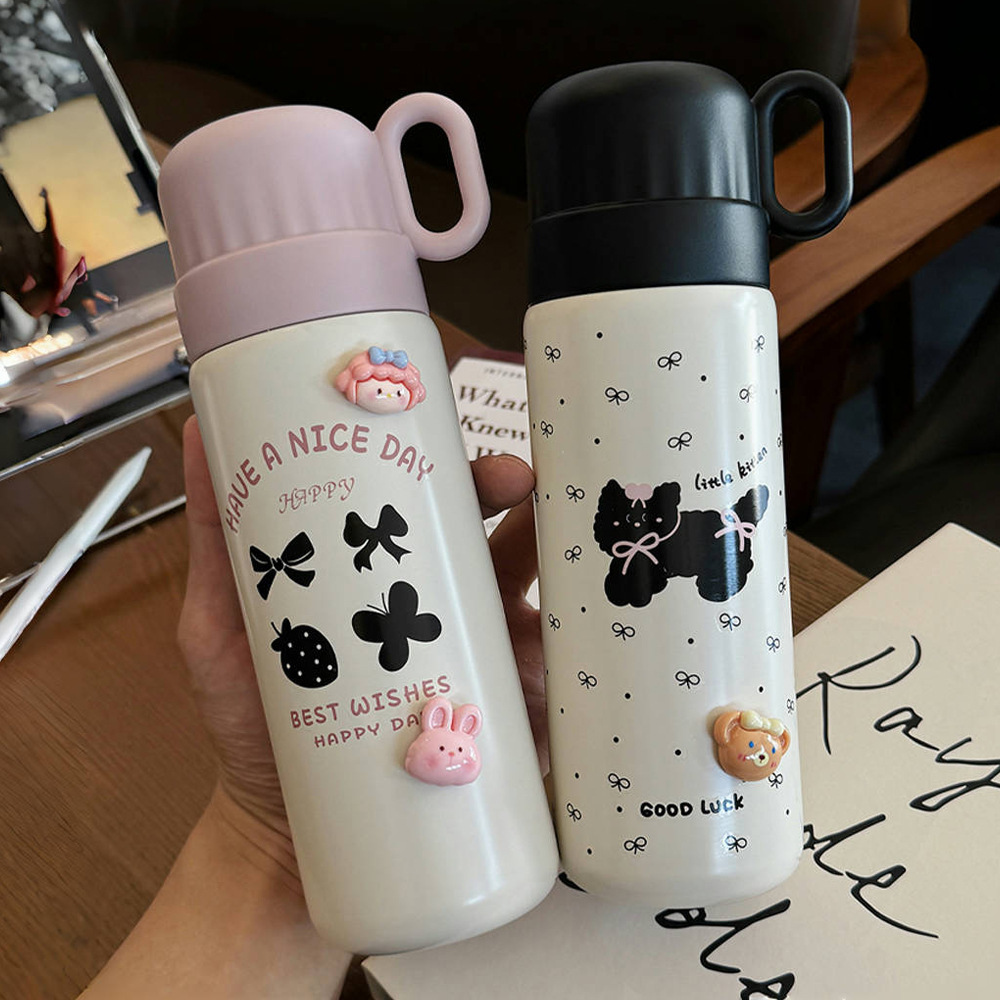 New bowknot girls' insulated cup with high appearance level, portable one-lid dual-purpose stainless steel cup gift full figure