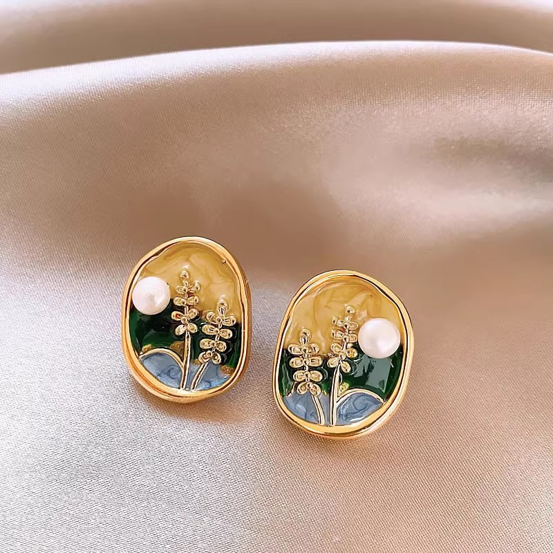 French Monet Garden geometric earrings for women, light luxury, niche and high-end feel, oil painting pearl stud earrings, flower earrings Specification drawing