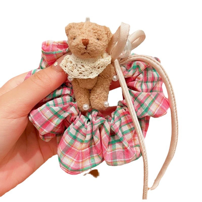 Cute girl's large intestine hair tie, rabbit bear checkered hair band, sweet girl's hair tie, children's cartoon hair tie Item Picture