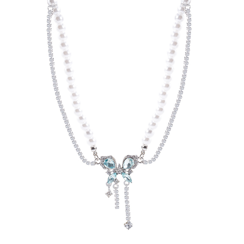 This ultra-ethereal and light luxury blue butterfly pearl necklace exudes a sense of high-end women. It features a double-layered diamond-encrusted tassel collarbone chain accessory Item Picture