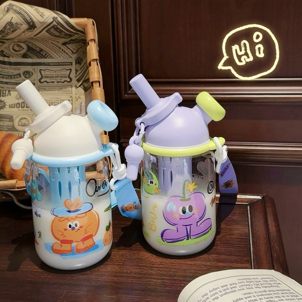 Cartoon Tritan water cup with filter, double-drinking straw cup for tea brewing, portable outdoor children's fun plastic cup gift Specification drawing