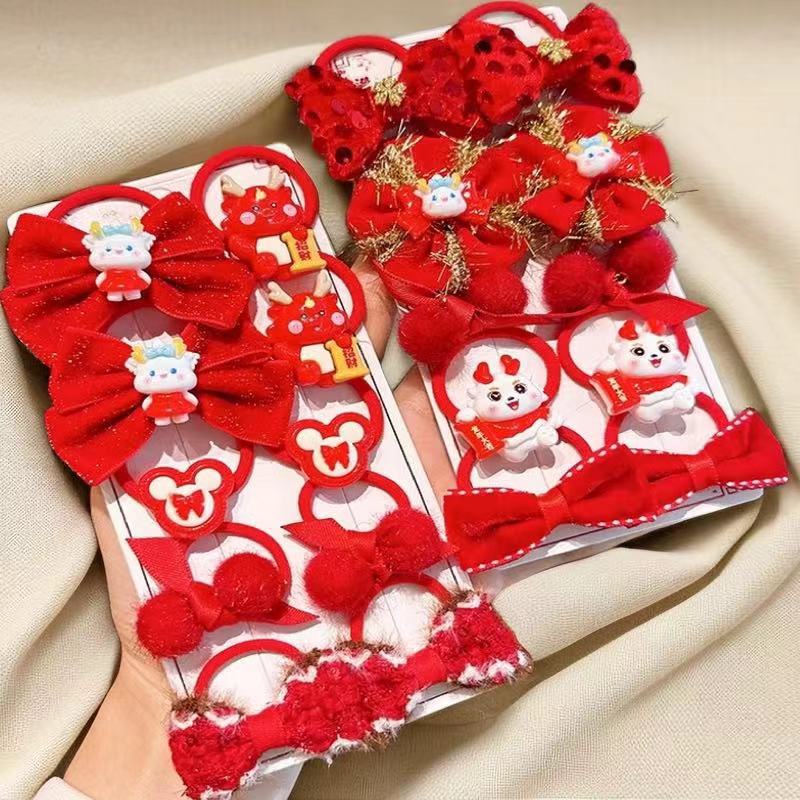 Super cute red children's rubber band, festive Spring Festival hair accessory, New Year's hair tie, no damage to hair, good elasticity, girl baby hair band details Picture