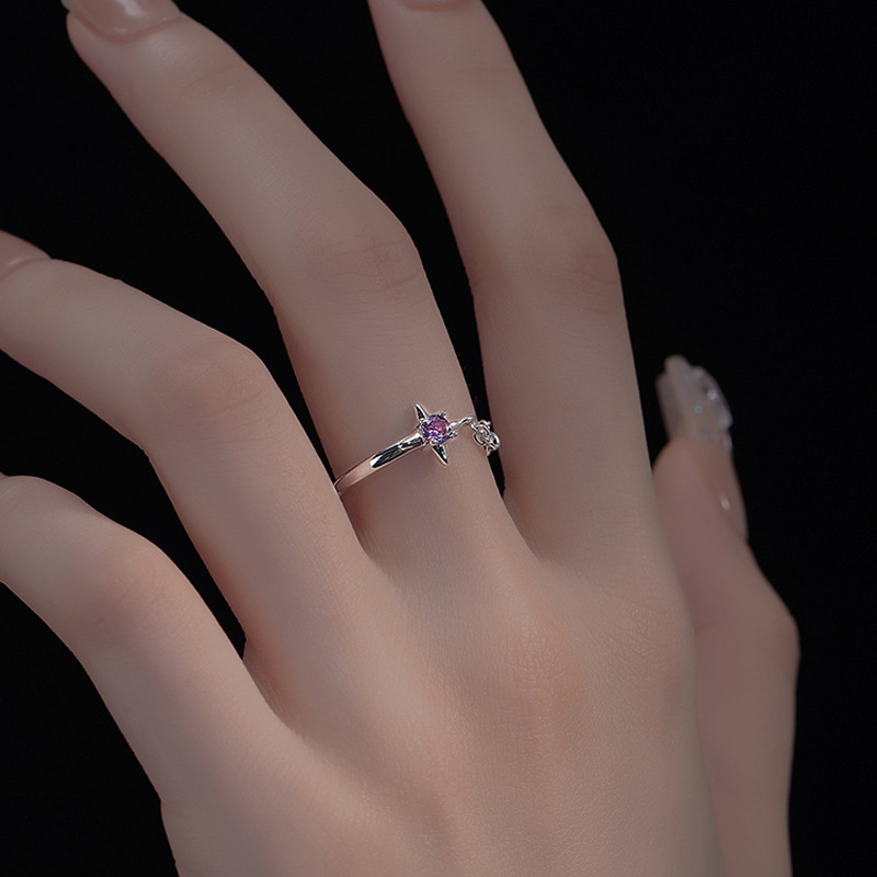 Purple zircon four-pointed star chain ring, a unique and high-end design for women, fashionable and individual index finger ring and tail ring details Picture