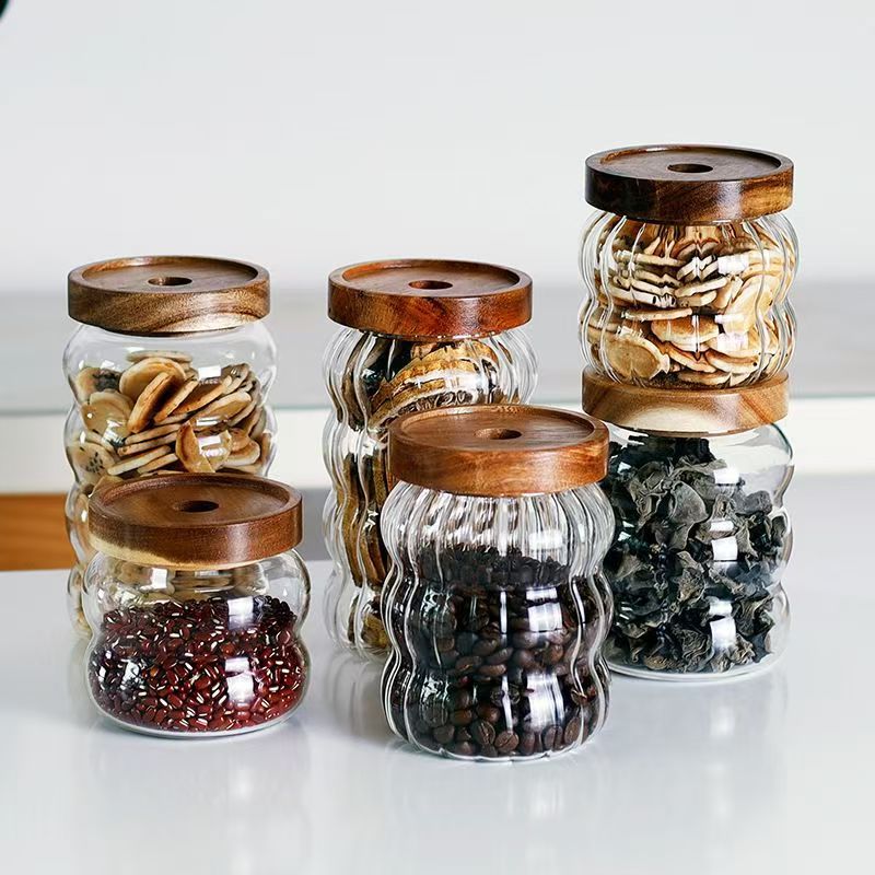 Acacia wood vertical striped glass storage jars, kitchen multi-style glass retro storage, candy sealed jars, tea jars full figure