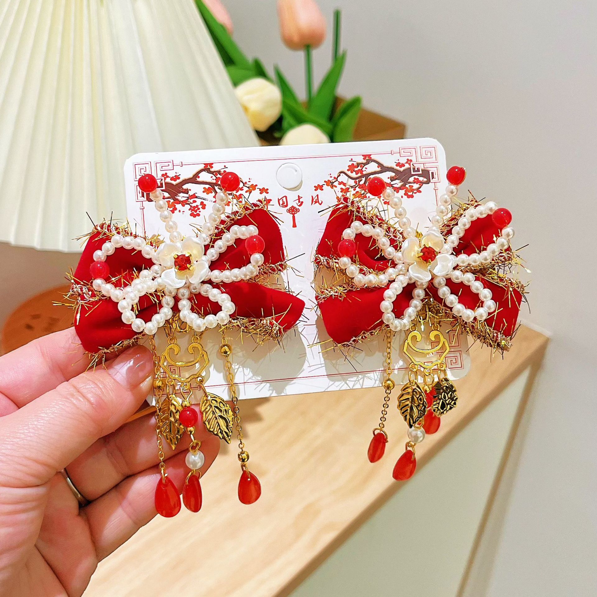 Children's New Year bow pairs, Chinese-style Hanfu headwear, festive ancient-style New Year hairpins, girls' tassel hair accessories Specification drawing