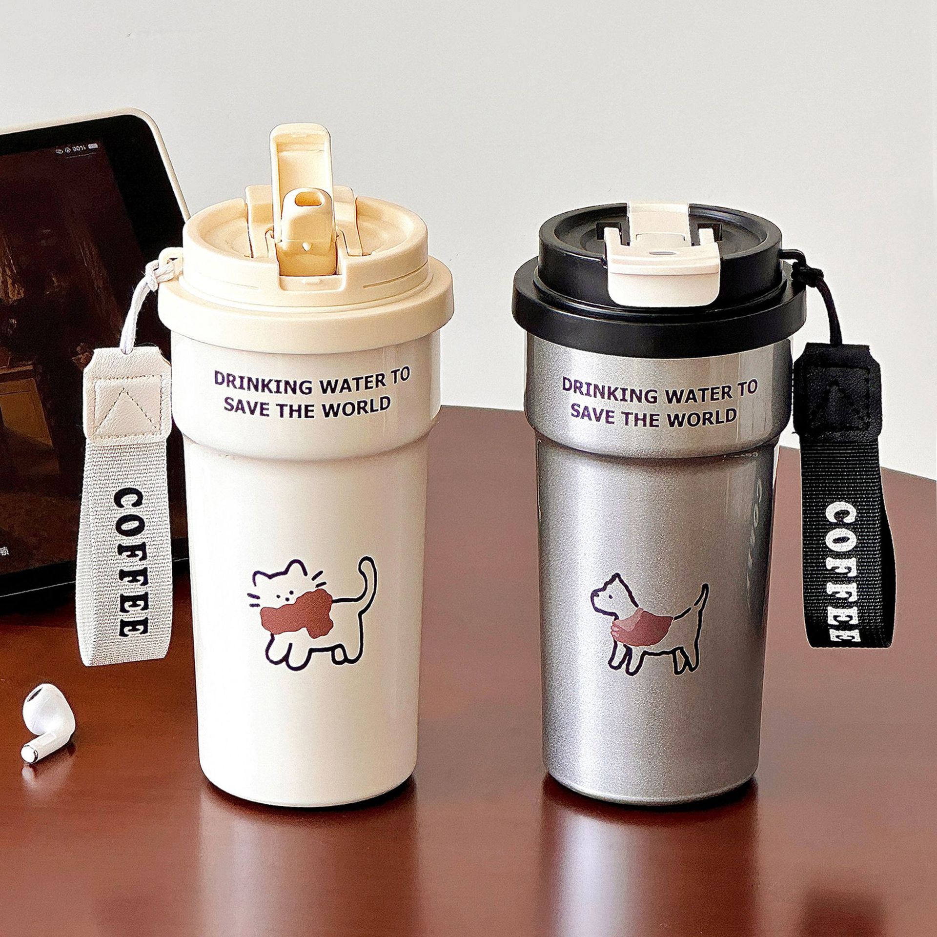Simple puppy water cup, double drinking, cute cartoon portable coffee cup, high appearance level, stainless steel cup for female couples details Picture