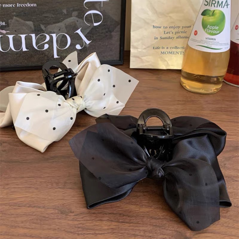 Black and white polka dot mesh bow clip women's 2024 new style back head updo shark clip high-end hair accessory headwear full figure